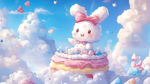 Pastel cloud-bunny mascot sits atop whimsical sky cake