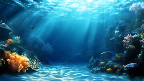 Sunlit shallow reef basin with coral colonies and single fish