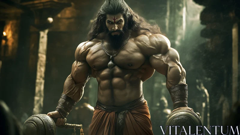 Temple titan steadies twin maces beneath molten torchlight