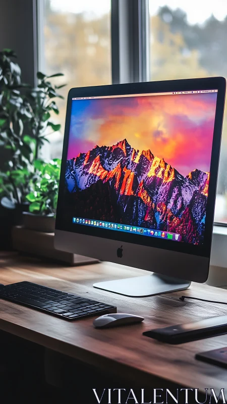 Modern desktop workspace with vivid mountain display screen.
