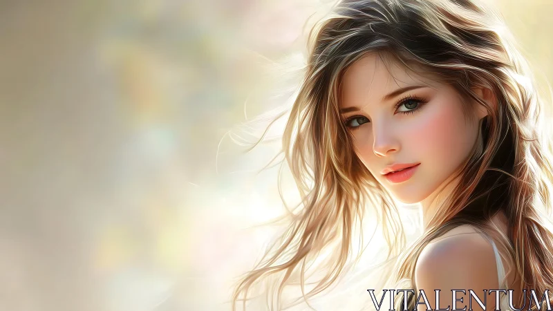 Digital portrait of young woman in soft backlit setting.