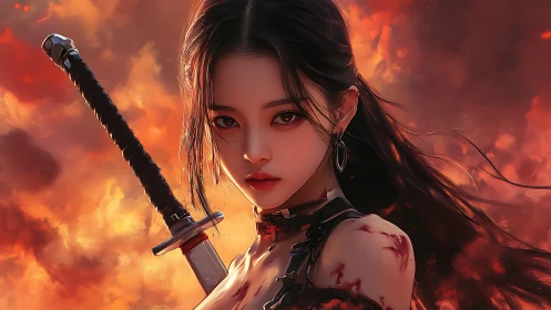 Fierce warrior stands strong against a blazing storm sky