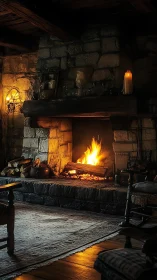 Fireplace with Burning Logs and Stone Interior.