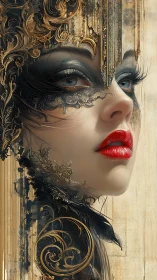 Profile portrait shows ornate mask and red-lipped face