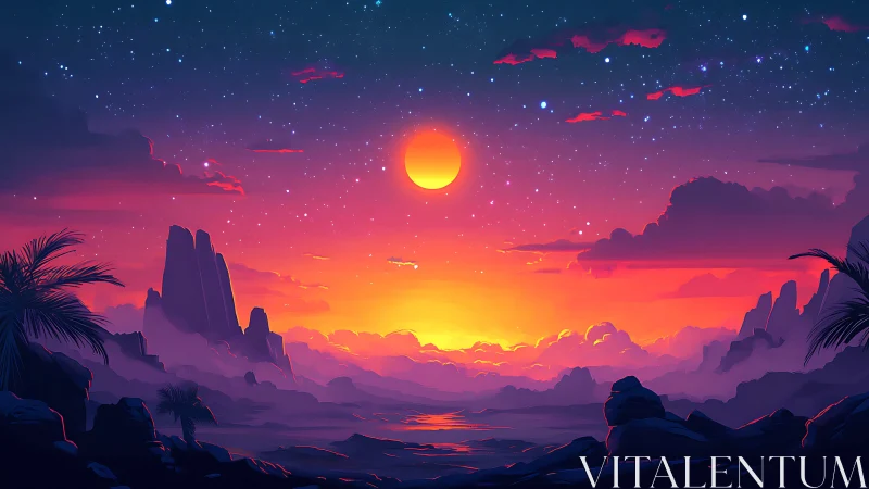 Vibrant alien desert sunset under glowing starry sky.