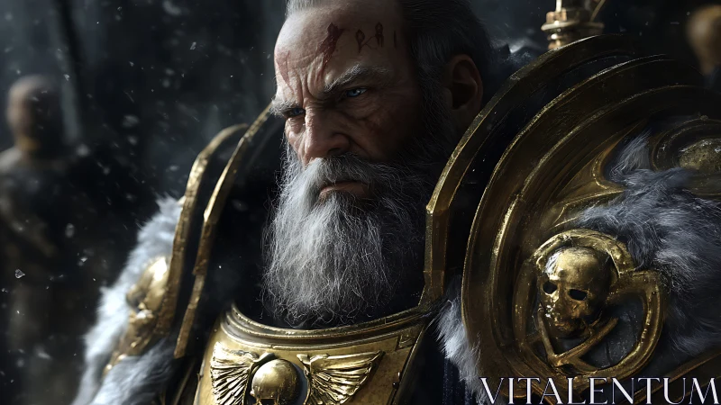 Grim warlord portrait in baroque gold power armor close-up.