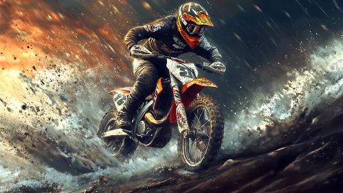 Motocross rider powers through wet dirt in dynamic motion