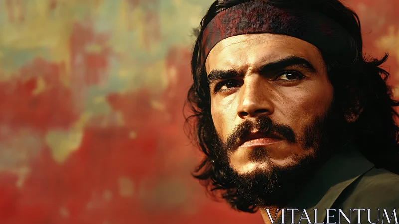 Bearded man with headband against abstract red backdrop.