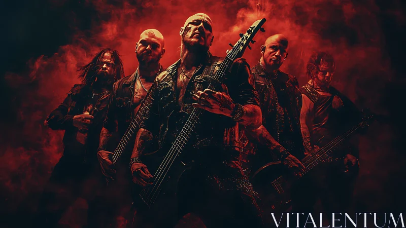 Fierce metal band posing in dramatic red stage smoke.