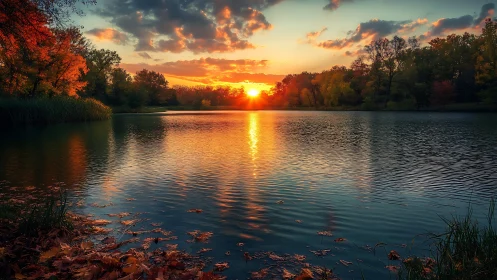 Calm autumn lake at sunset with trees and soft reflections.