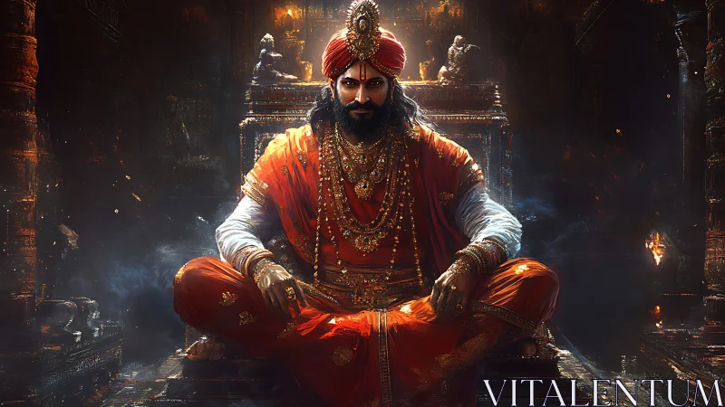 Regal Indian monarch sits enthroned in dim, ember‑lit temple