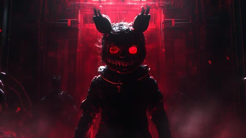 Demonic rabbit figure in red-lit sci-fi corridor horror.