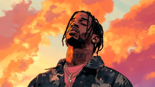 Stylized portrait of male figure under vivid sunset clouds.