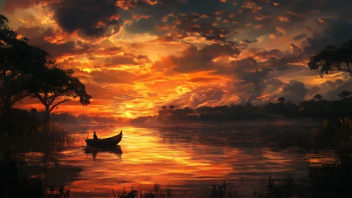 Digital sunset riverscape with solitary boat silhouette.