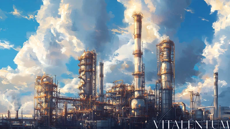 Soaring industrial refinery glows warmly against bright clouds