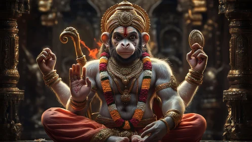 Photorealistic simian deity portrait in ornate temple setting.