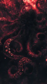 Cephalopod form in red-illuminated dark aquatic space.