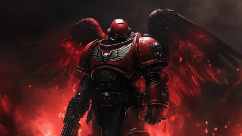 Armored winged warrior emerges from crimson infernal haze