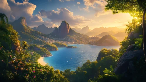 Sunlit tropical bay encircled by lush hills and distant city.