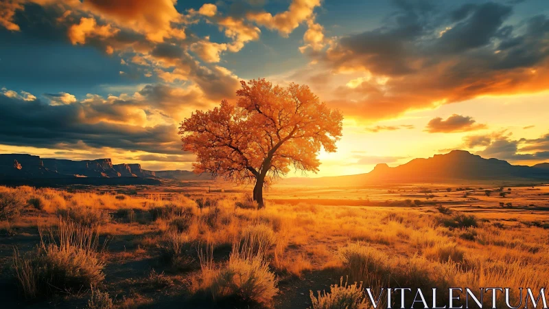 Solitary desert tree glows under dramatic sunset sky