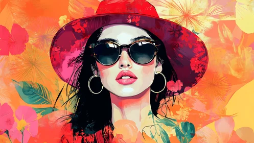 Vibrant digital portrait of woman in hat with tropical florals