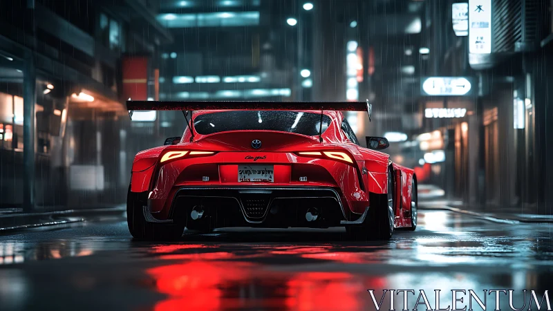 Rain kissed red sports car glows in neon drenched city street