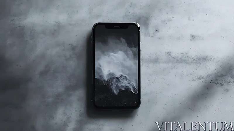 High-end smartphone displaying monochromatic mountain landscape on textured concrete surface