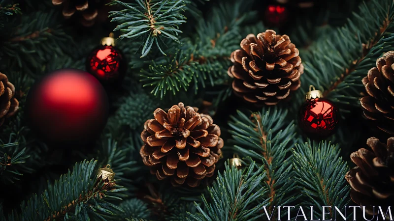 Christmas pine branches with red ornaments and cones.