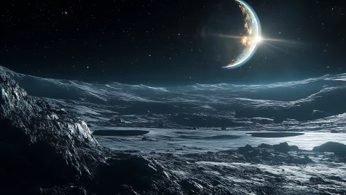 Lunar-like icy terrain under distant illuminated planet.