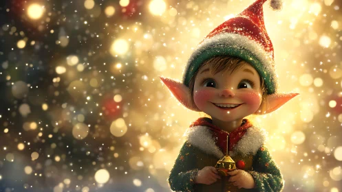 Festive elf portrait in luminous bokeh snowfield illumination.