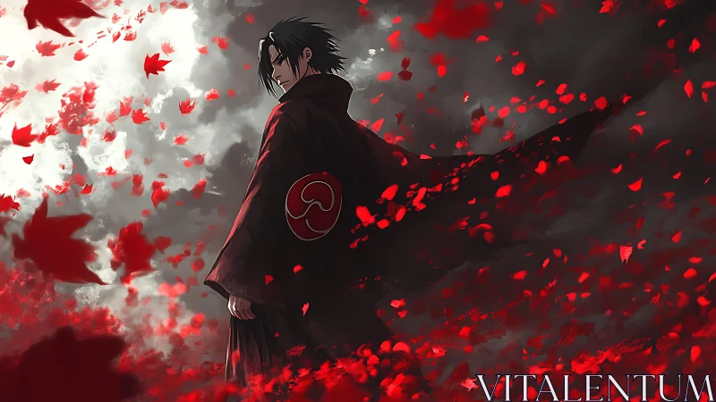 Solitary warrior in red cloak amid swirling crimson leaves.