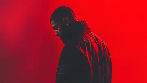 Moody red-lit male silhouette in dramatic studio portrait.