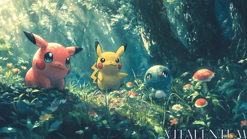 Cute electric and water creatures explore sunlit forest grove