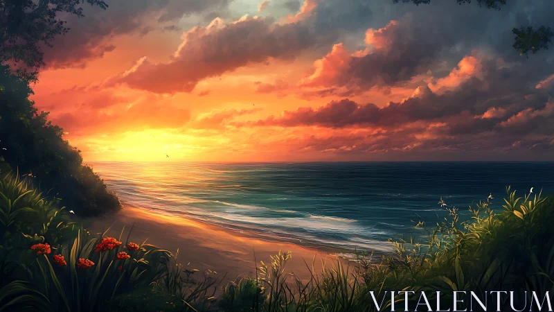 Luminous coastal sunset with stratified clouds and surf dynamics.