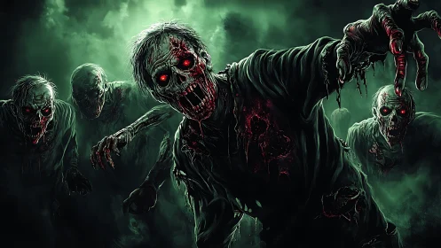 Undead horde advances with glowing red eyes through fog.