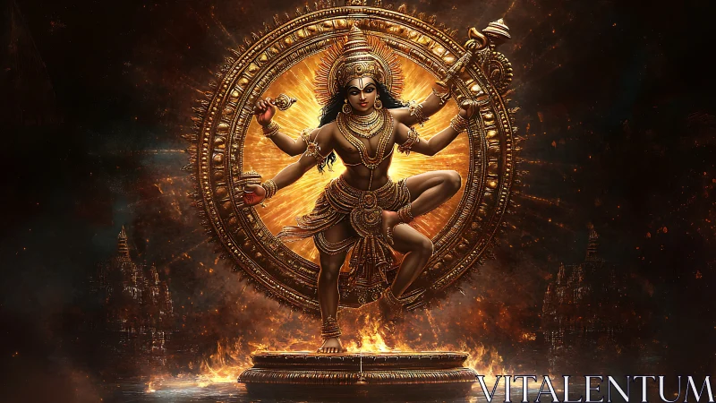 Divine cosmic dancer in radiant bronze mandala ring composition.