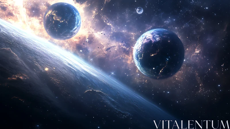 Multiple illuminated planets above a glowing cosmic horizon.