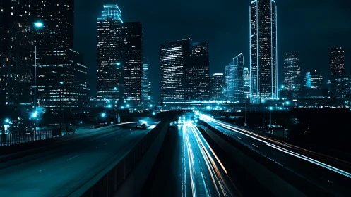 Long exposure records illuminated highway beneath dense skyline