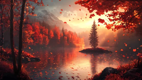 Autumn lake sanctuary amid fiery forest and soft sunrise.