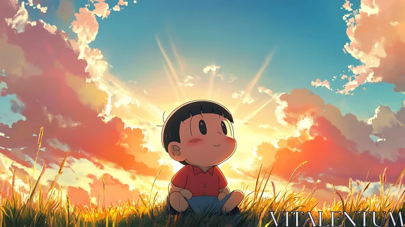 Child sits in tall grass under glowing sunset sky.