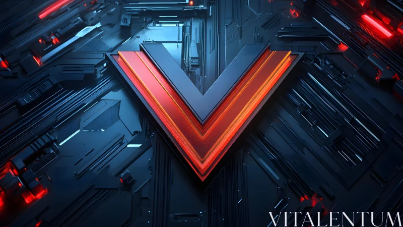 Futuristic Red V Emblem on Dark Tech Circuit Background, Digital Art.