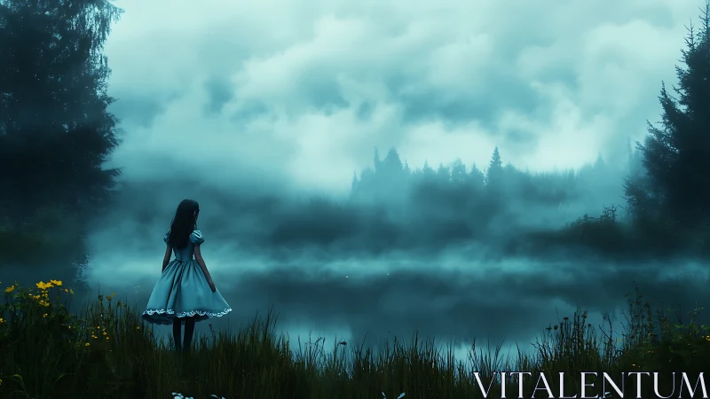 Girl in dress stands before mist-covered forest lake