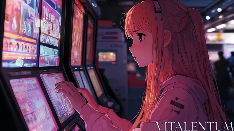 Girl using illuminated gaming terminals in arcade interior.