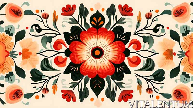 Blooming folk garden with bold red flowers and birds.