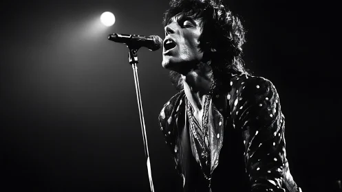 Monochrome rock vocalist captured in dramatic stage spotlight