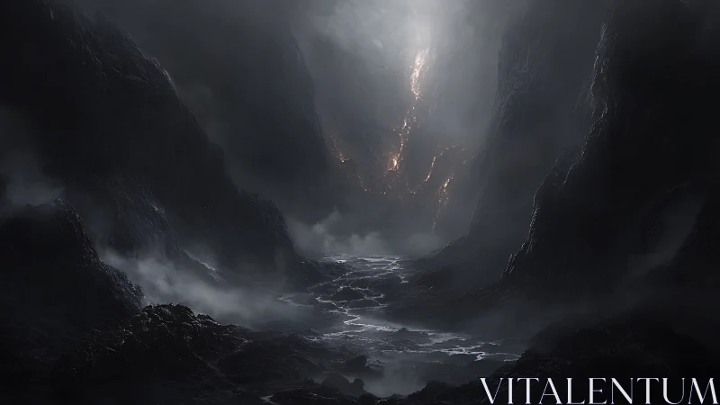 Photorealistic chasm landscape with volcanic fissure lighting.