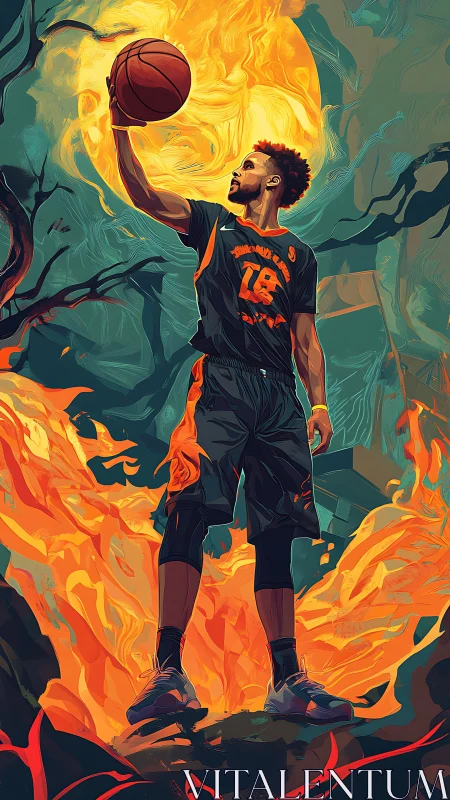 Basketball hero standing tall in glowing firelit energy.