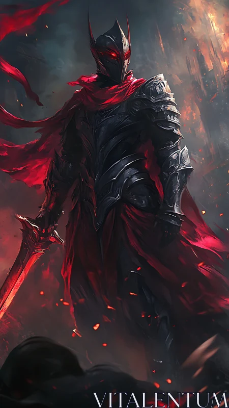 Dark knight stands over smoldering battlefield in crimson armor