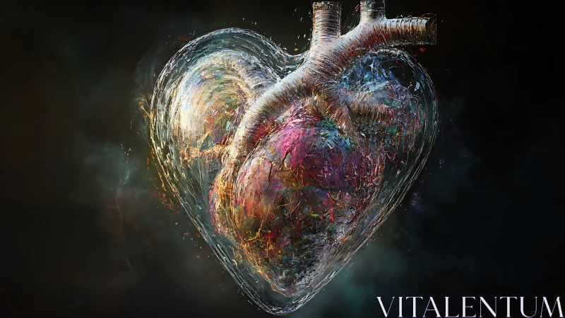 Crystal anatomical heart pulses with swirling cosmic color.
