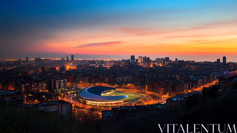 Futuristic circular arena glowing over dusk urban skyline.